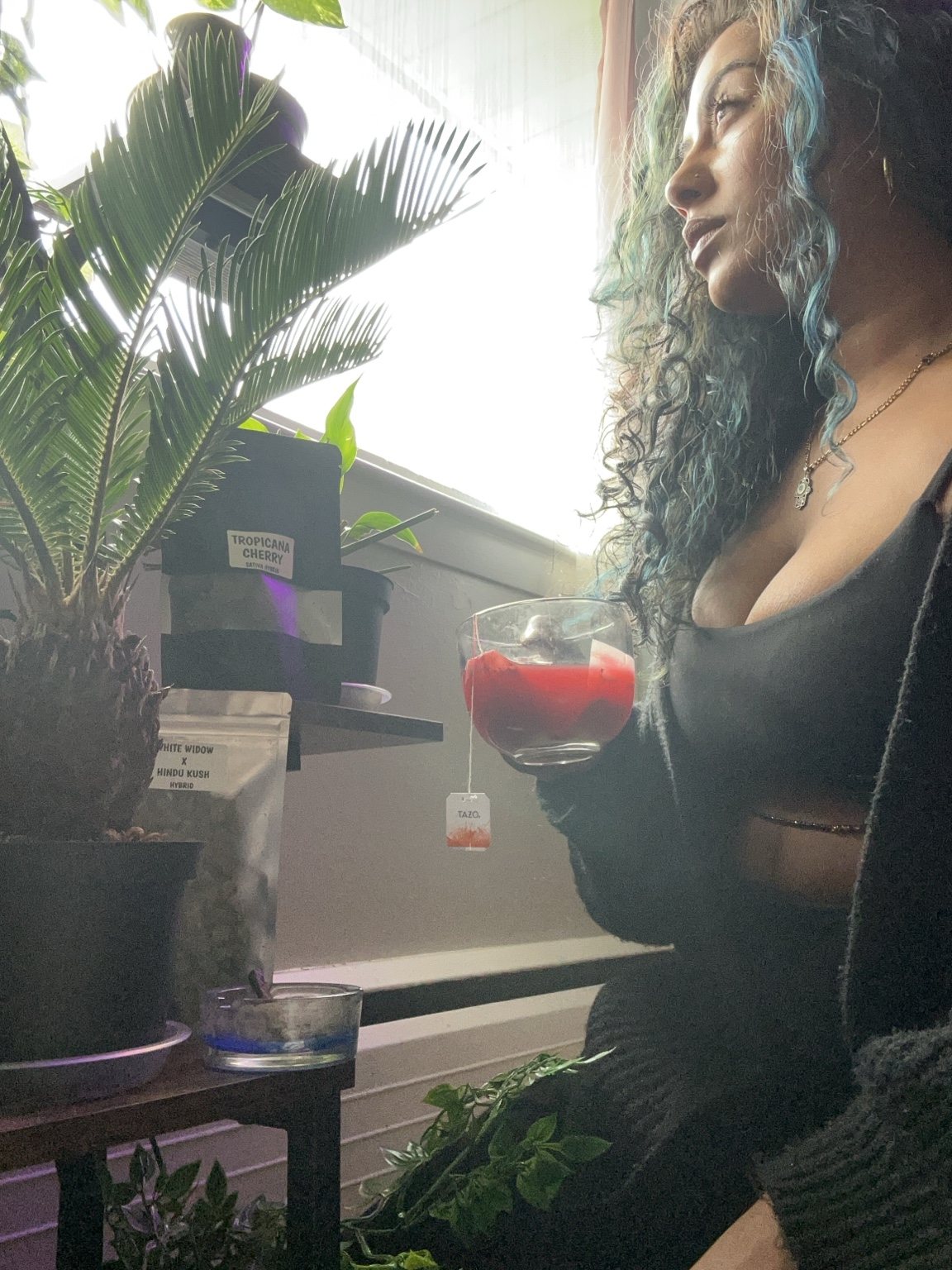 Brittney J beside plants holding tea