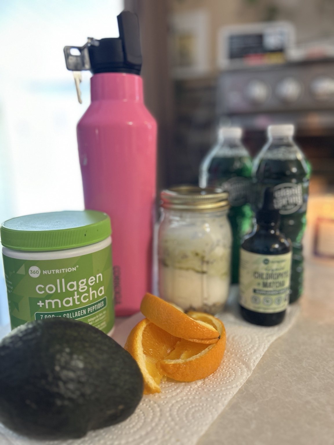 Wellness products and ingredients on kitchen counter